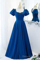 Noble And Elegant Blue Satin Retro Square Neck Short Sleeved Ball Dress With Blue Backless Strap And Floor Length Evening Dress