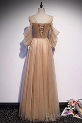 Noble And Elegant Champagne Beaded Long Sleeved Off Shoulder Ball Dress Champagne A-Line Princess Off Shoulder Strap And Floor Length Prom Dress