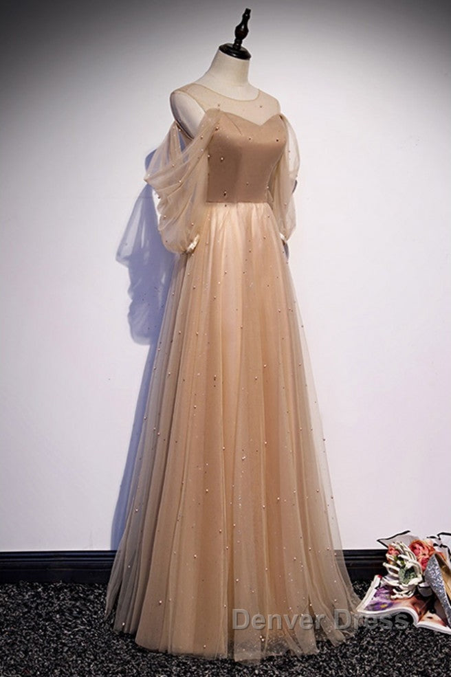 Noble And Elegant Champagne Beaded Long Sleeved Off Shoulder Ball Dresses Champagne A-Line Princess Off Shoulder Strap And Floor Length Prom Dresses