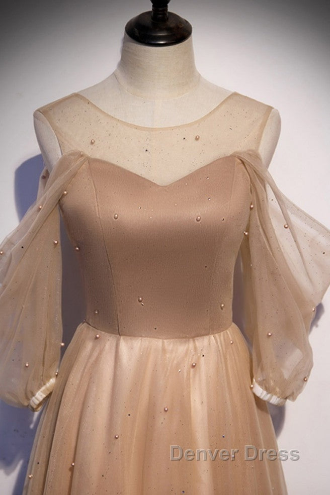 Noble And Elegant Champagne Beaded Long Sleeved Off Shoulder Ball Dresses Champagne A-Line Princess Off Shoulder Strap And Floor Length Prom Dresses