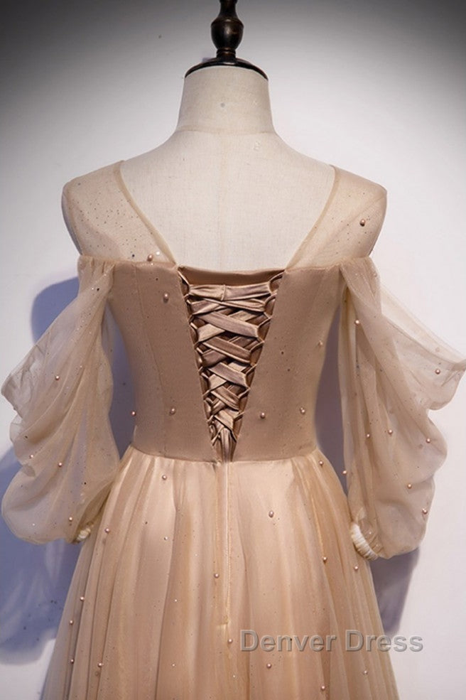 Noble And Elegant Champagne Beaded Long Sleeved Off Shoulder Ball Dresses Champagne A-Line Princess Off Shoulder Strap And Floor Length Prom Dresses