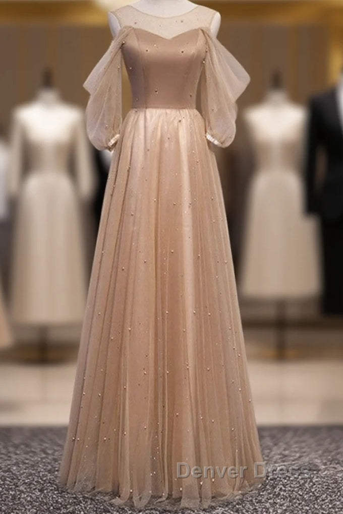 Noble And Elegant Champagne Beaded Long Sleeved Off Shoulder Ball Dresses Champagne A-Line Princess Off Shoulder Strap And Floor Length Prom Dresses Main image