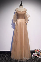Noble And Elegant Champagne Beaded Long Sleeved Off Shoulder Ball Dress Champagne A-Line Princess Off Shoulder Strap And Floor Length Prom Dress
