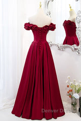 Noble And Elegant Wine Red Sleeveless Off Shoulder Beaded Ball Dresses With Wine Red A-Shaped Backless Strap And Ground Length Ruffled Hem Prom Dresses