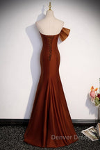 Noble And Unique Chocolate Sleeveless Prom Dresses Chocolate Mermaid Strapless Tulle Butterfly Knot Dew Back Strap Long And Floor Evening Dresses