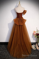 Noble And Unique Chocolate Sleeveless Prom Dress Chocolate Mermaid Strapless Tulle Butterfly Knot Dew Back Strap Long And Floor Evening Dress