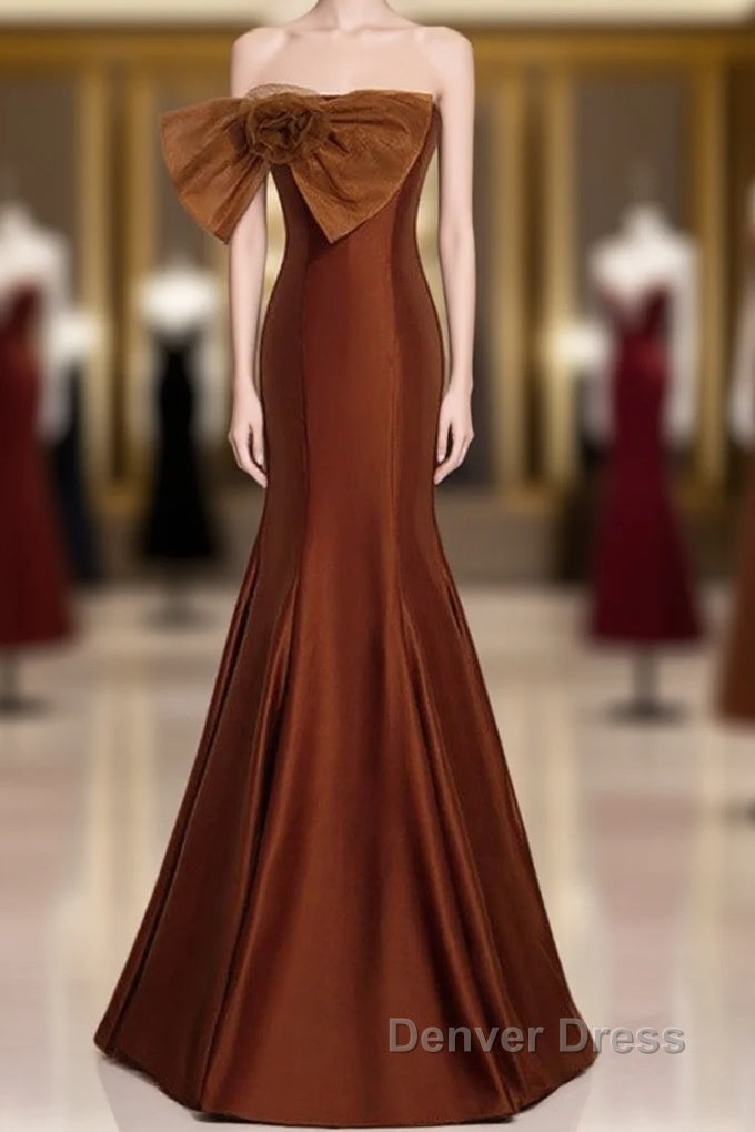 Noble And Unique Chocolate Sleeveless Prom Dresses Chocolate Mermaid Strapless Tulle Butterfly Knot Dew Back Strap Long And Floor Evening Dresses Main image