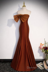 Noble And Unique Chocolate Sleeveless Prom Dress Chocolate Mermaid Strapless Tulle Butterfly Knot Dew Back Strap Long And Floor Evening Dress