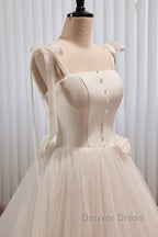 Noble And Unique White Pearl Sleeveless Off Shoulder Bow Ball Dress With White Thin Shoulder Strap Off Back Tie And Floor Length Tail Prom Dresses