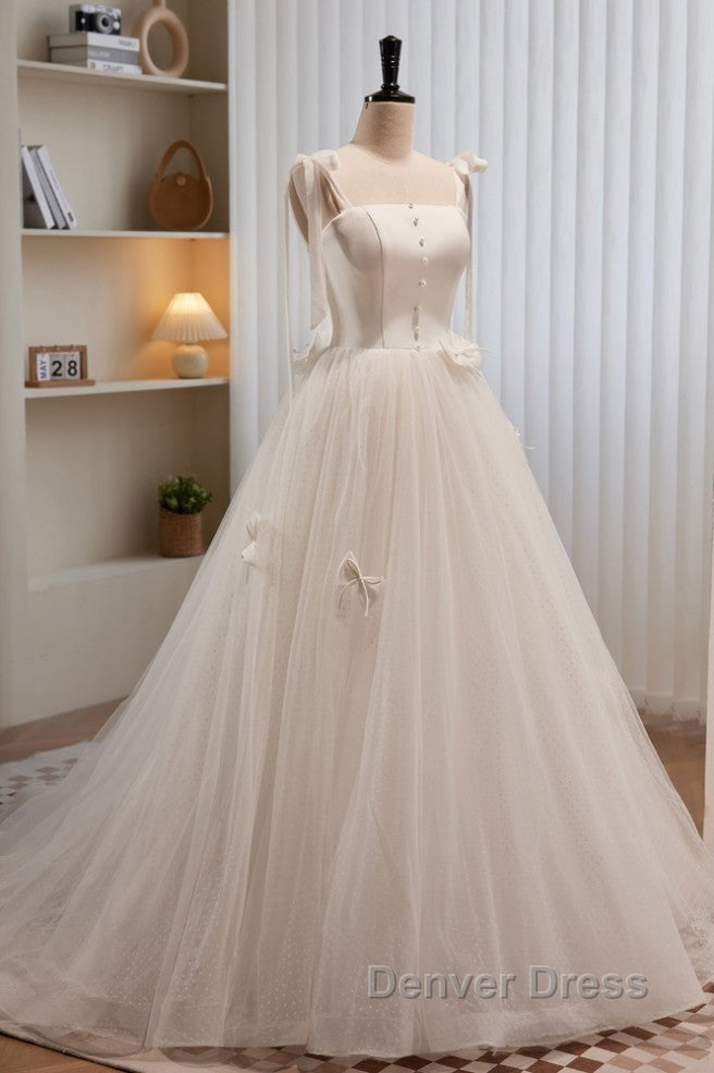 Noble And Unique White Pearl Sleeveless Off Shoulder Bow Ball Dress With White Thin Shoulder Strap Off Back Tie And Floor Length Tail Prom Dresses