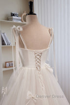 Noble And Unique White Pearl Sleeveless Off Shoulder Bow Ball Dress With White Thin Shoulder Strap Off Back Tie And Floor Length Tail Prom Dresses