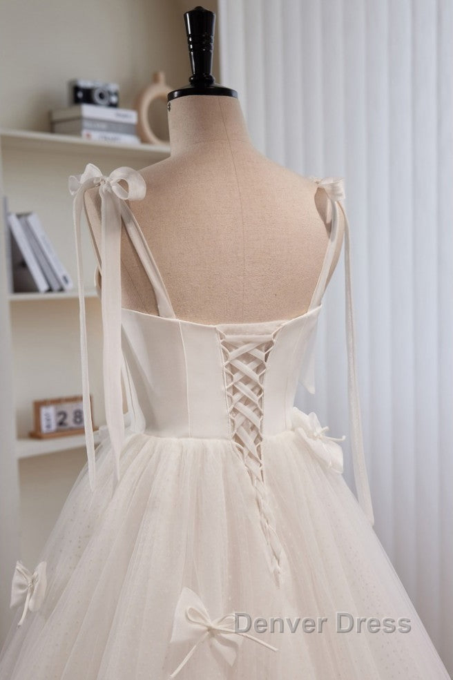 Noble And Unique White Pearl Sleeveless Off Shoulder Bow Ball Dress With White Thin Shoulder Strap Off Back Tie And Floor Length Tail Prom Dresses