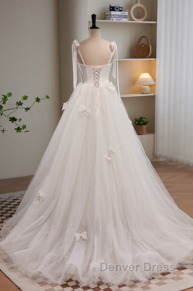 Noble And Unique White Pearl Sleeveless Off Shoulder Bow Ball Dress With White Thin Shoulder Strap Off Back Tie And Floor Length Tail Prom Dresses