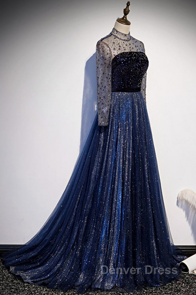 Noble Navy Blue Perspective High Neck Long Sleeved Water Diamond Sequin Ball Dresses Navy Blue A-Line Princess Sparkling Backless Tulle Sweeping Tail Ruffle Edge Evening Dresses Secondary image