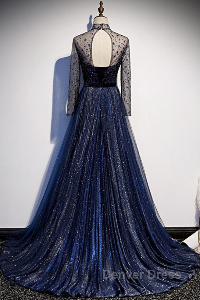 Noble Navy Blue Perspective High Neck Long Sleeved Water Diamond Sequin Ball Dress Navy Blue A Line Princess Sparkling Backless Tulle Sweeping Tail Ruffle Edge Prom Dresses