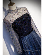 Noble Navy Blue Perspective High Neck Long Sleeved Water Diamond Sequin Ball Dress Navy Blue A Line Princess Sparkling Backless Tulle Sweeping Tail Ruffle Edge Prom Dresses