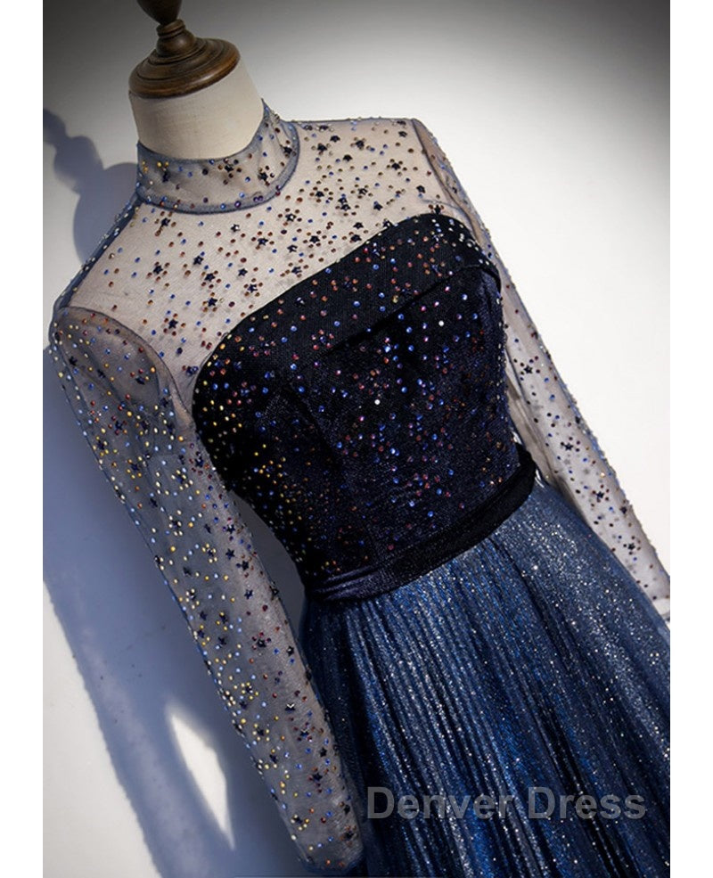 Noble Navy Blue Perspective High Neck Long Sleeved Water Diamond Sequin Ball Dress Navy Blue A Line Princess Sparkling Backless Tulle Sweeping Tail Ruffle Edge Prom Dresses