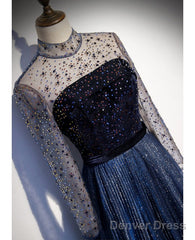 Noble Navy Blue Perspective High Neck Long Sleeved Water Diamond Sequin Ball Dress Navy Blue A-Line Princess Sparkling Backless Tulle Sweeping Tail Ruffle Edge Evening Dress