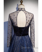 Noble Navy Blue Perspective High Neck Long Sleeved Water Diamond Sequin Ball Dresses Navy Blue A-Line Princess Sparkling Backless Tulle Sweeping Tail Ruffle Edge Evening Dresses