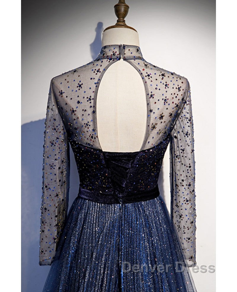Noble Navy Blue Perspective High Neck Long Sleeved Water Diamond Sequin Ball Dresses Navy Blue A-Line Princess Sparkling Backless Tulle Sweeping Tail Ruffle Edge Evening Dresses