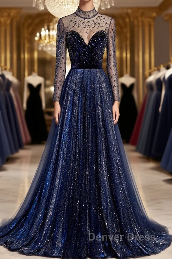 Noble Navy Blue Perspective High Neck Long Sleeved Water Diamond Sequin Ball Dresses Navy Blue A-Line Princess Sparkling Backless Tulle Sweeping Tail Ruffle Edge Evening Dresses Main image