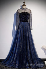 Noble Navy Blue Perspective High Neck Long Sleeved Water Diamond Sequin Ball Dress Navy Blue A-Line Princess Sparkling Backless Tulle Sweeping Tail Ruffle Edge Evening Dress