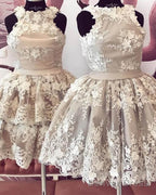 Nude Halter Homecoming Dress With Ivory Lace Flowers