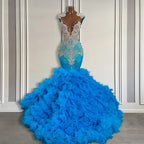 Ocean Blue Mermaid Tulle Ruffle Prom Dress Long With Beadings