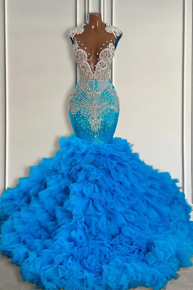 Ocean Blue Mermaid Tulle Ruffle Prom Dress Long With Beadings Main image