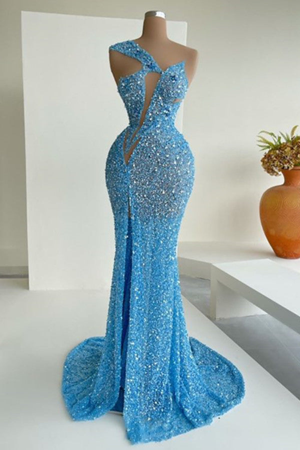 Ocean Blue Sequins One-Shoulder Mermaid Long Prom Dress With Split Main image
