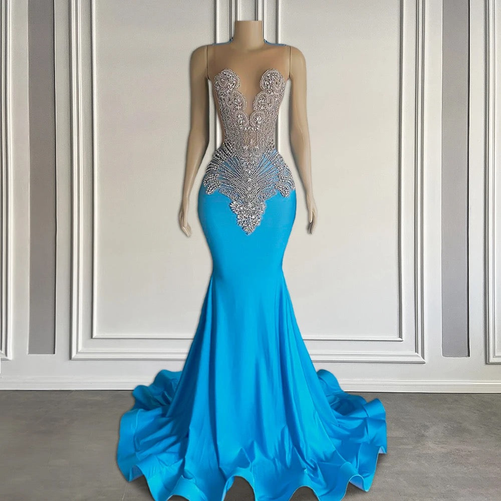 Ocean Blue Sleeveless Mermaid Prom Dress With Long Beadings Secondary image