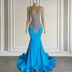 Ocean Blue Sleeveless Mermaid Prom Dress With Long Beadings