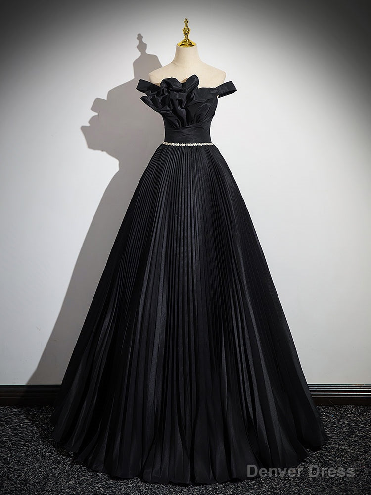 Off Shoulder A Line Black Long Prom Dress, Black Long Prom Dresses
