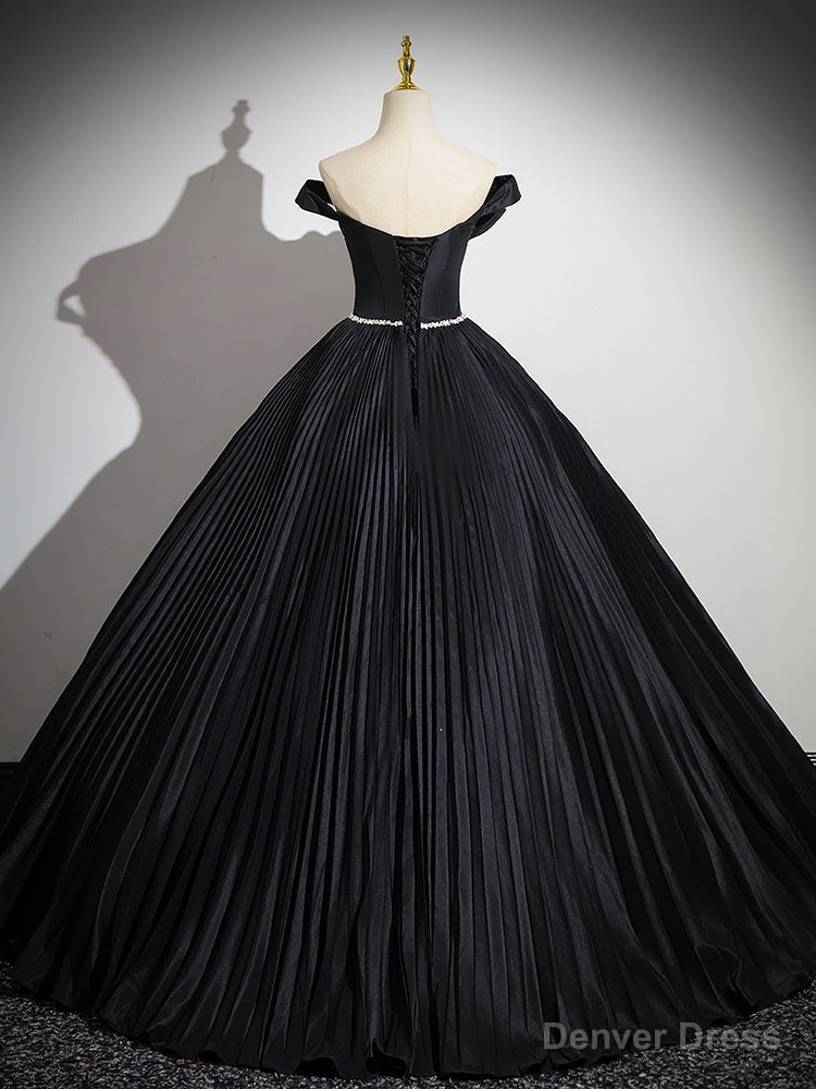 Off Shoulder A Line Black Long Prom Dress, Black Long Prom Dresses