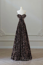 Off Shoulder A-Line Coffee Gold Sequin Long Prom Dresses, Coffee Gold Evening Dresses