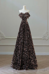 Off Shoulder A-Line Coffee Gold Sequin Long Prom Dress, Coffee Gold Evening Dress