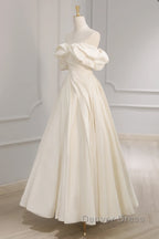 Off Shoulder A-Line Satin Beige Long Prom Dresses, Beige Long Formal Dresses