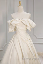 Off Shoulder A-Line Satin Beige Long Prom Dresses, Beige Long Formal Dresses