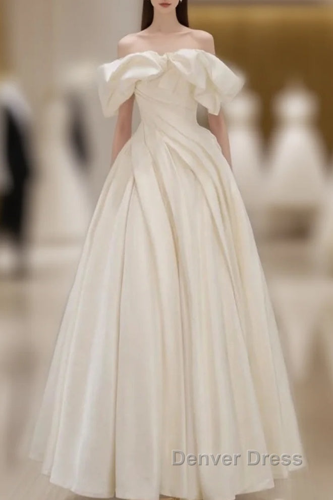 Off Shoulder A-Line Satin Beige Long Prom Dresses, Beige Long Formal Dresses