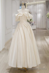 Off Shoulder A-Line Satin Beige Long Prom Dress, Beige Long Formal Dress