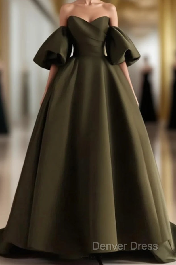 Off Shoulder A-Line Satin Green Long Party Dresses, Green Evening Dresses Prom Dresses Main image