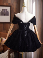 Off Shoulder A-Line Velvet Black Prom Dresses, Black Homecoming Dresses