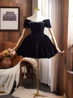 Off Shoulder A-Line Velvet Black Prom Dresses, Black Homecoming Dresses