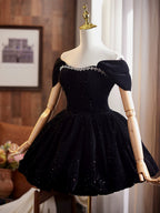 Off Shoulder A-Line Velvet Black Prom Dresses, Black Homecoming Dresses