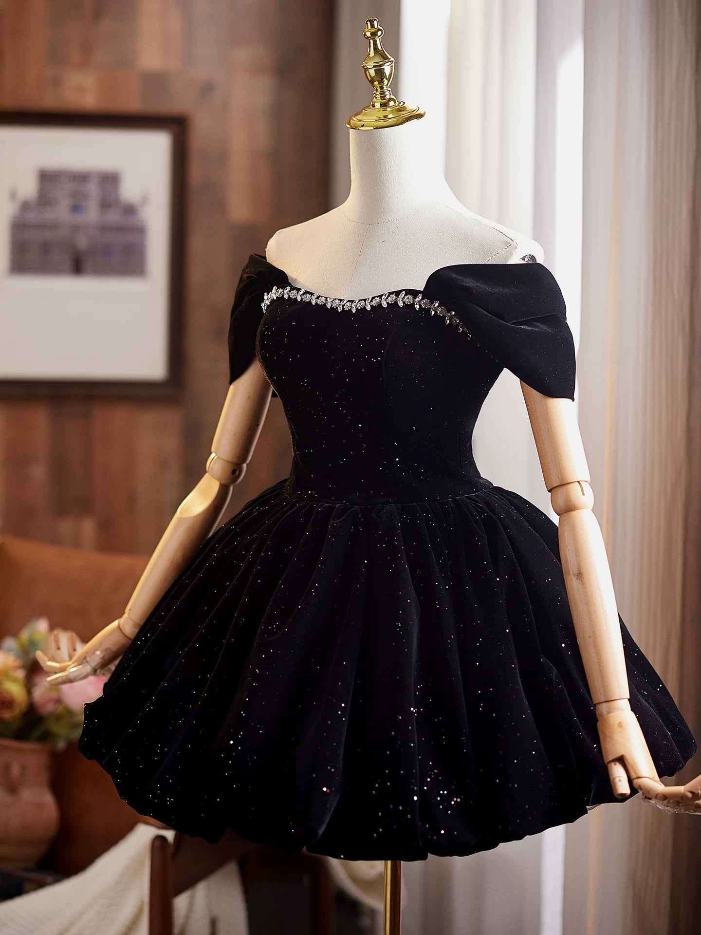 Off Shoulder A-Line Velvet Black Prom Dresses, Black Homecoming Dresses