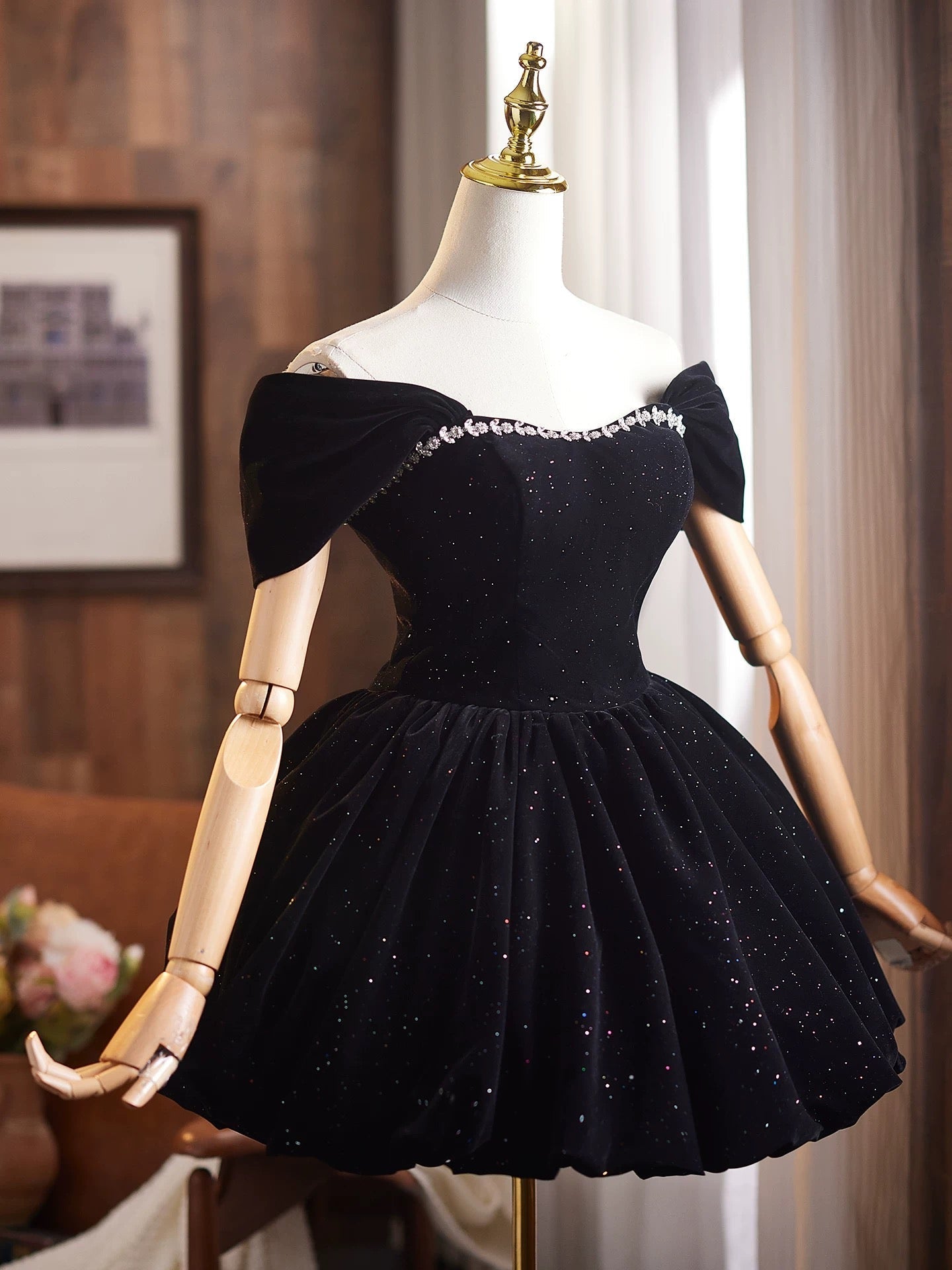 Off Shoulder A-Line Velvet Black Prom Dresses, Black Homecoming Dresses