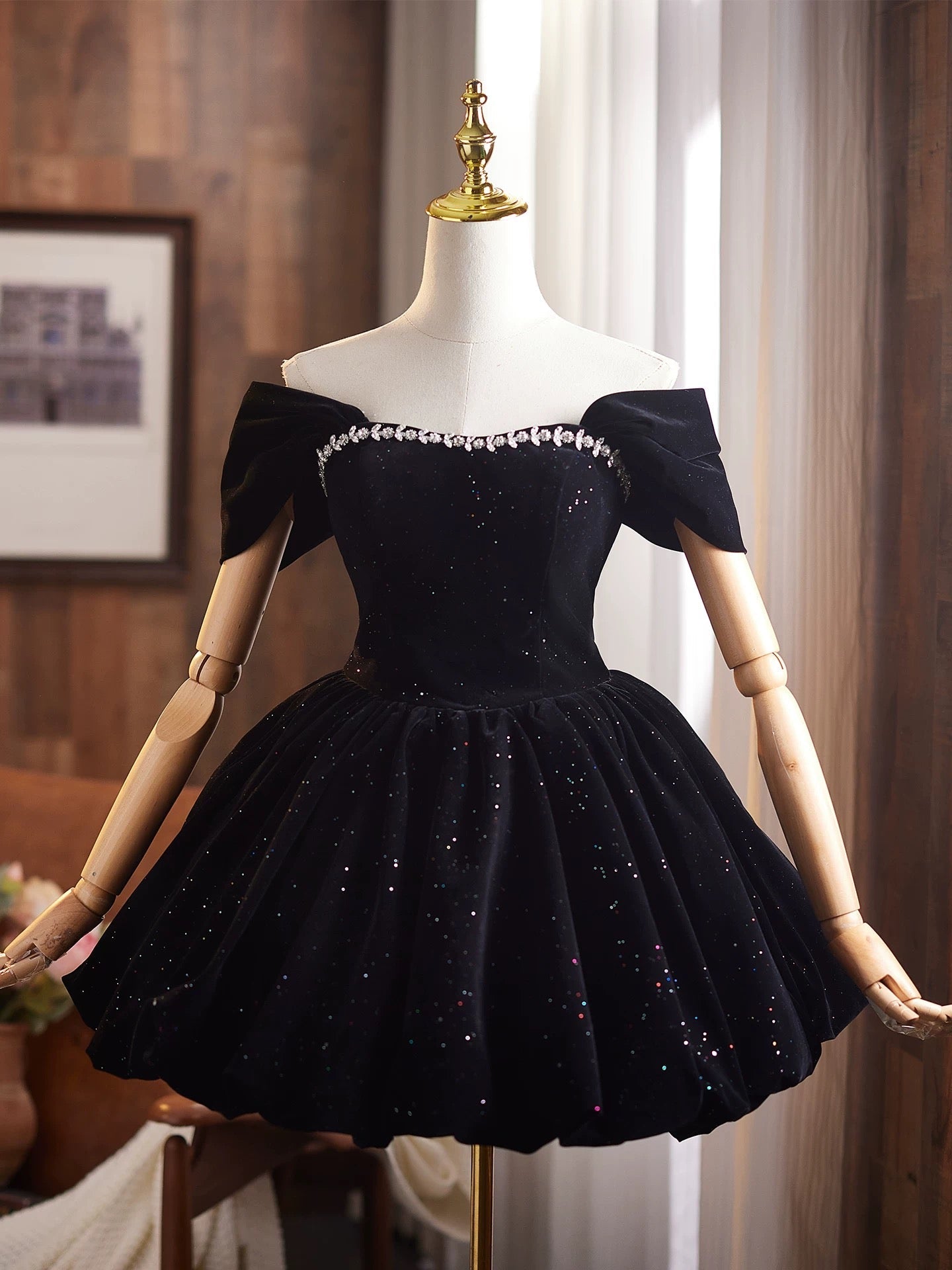 Off Shoulder A-Line Velvet Black Prom Dresses, Black Homecoming Dresses Main image