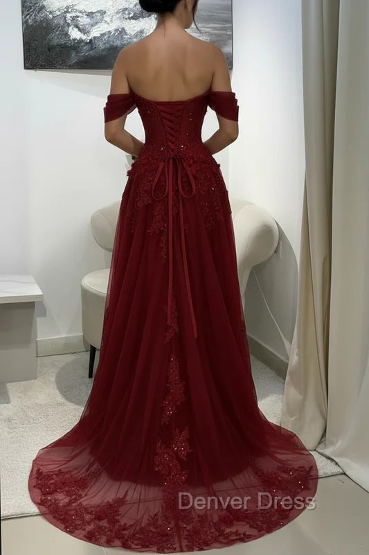 Off-Shoulder Appliques Tulle A-Line Corset Prom Dress