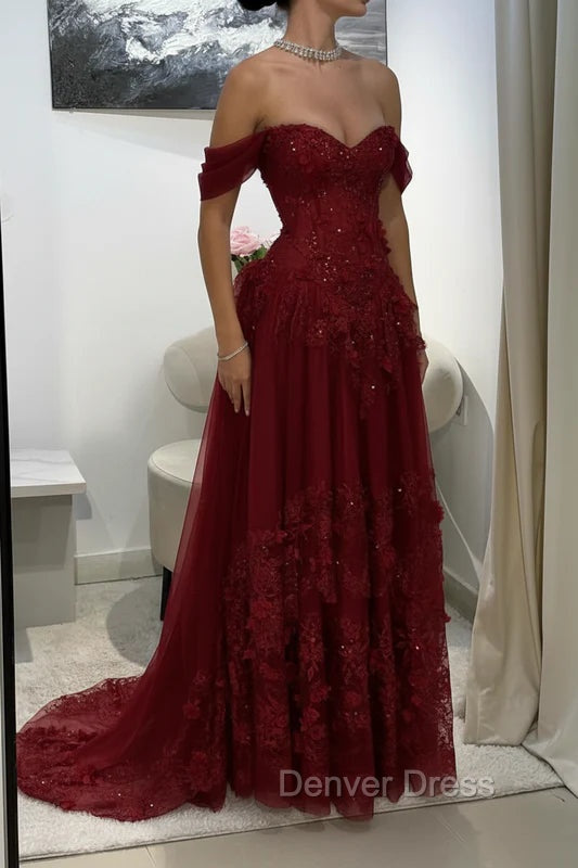 Off-Shoulder Appliques Tulle A-Line Corset Prom Dress Main image