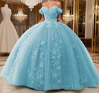 Off Shoulder Ball Gown Quinceanera Dresses 3D Floral Applique Gowns